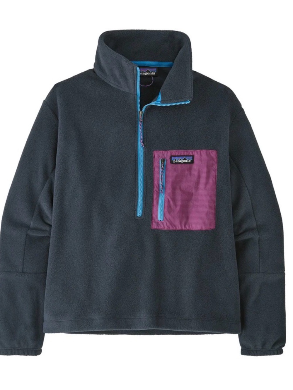 Patagonia Dark Charcoal Fleece Pullover with Purple Pocket and Blue Trim